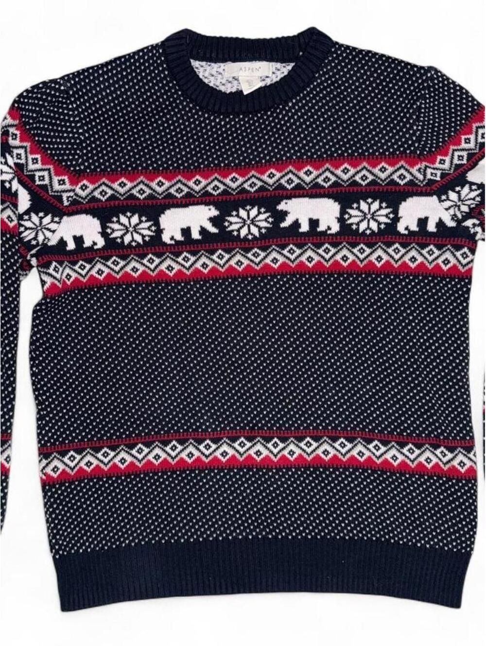 Aspen Men's Navy bear winter print sweater sz L cotton preppy cabin snow